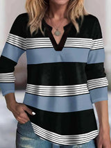 Striped Notched Long Sleeve T-Shirt Pastel Blue Women's T-Shirts - Tophatter Daily Deals