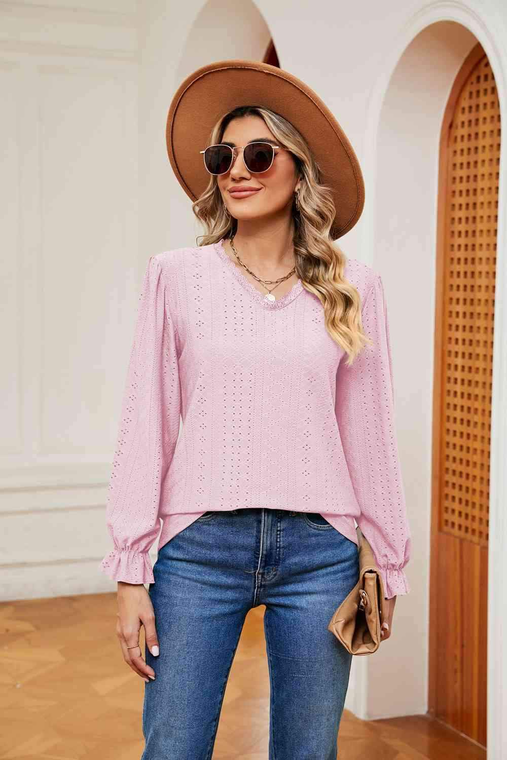 V-Neck Flounce Sleeve Blouse Blouses - Tophatter Daily Deals