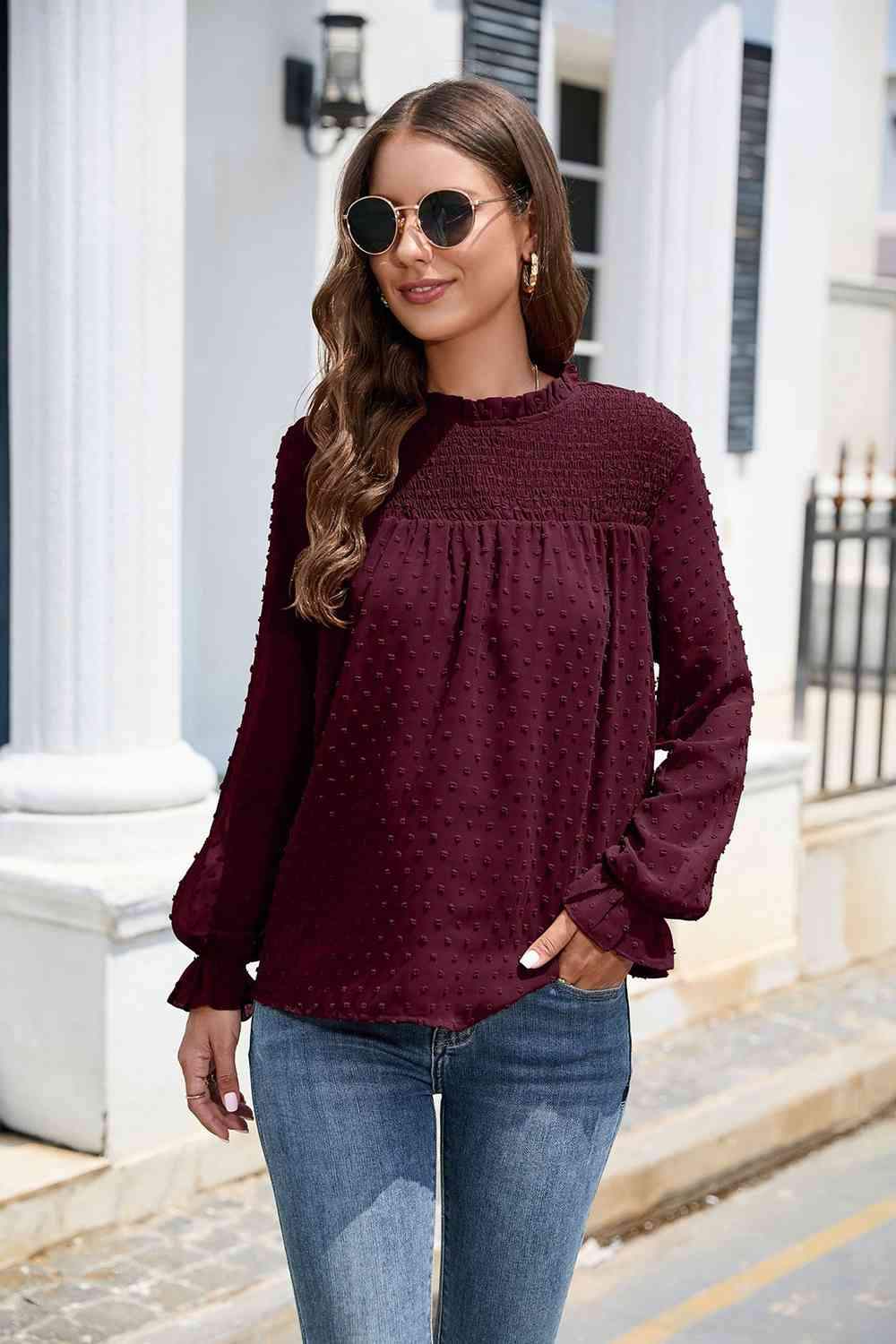 Smocked Mock Neck Swiss Dot Top Blouses - Tophatter Daily Deals