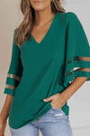 Sheer Striped Flare Sleeve V-Neck Blouse Green Blouses - Tophatter Daily Deals