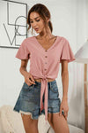 Decorative Button V-Neck Tied Blouse Blouses - Tophatter Daily Deals