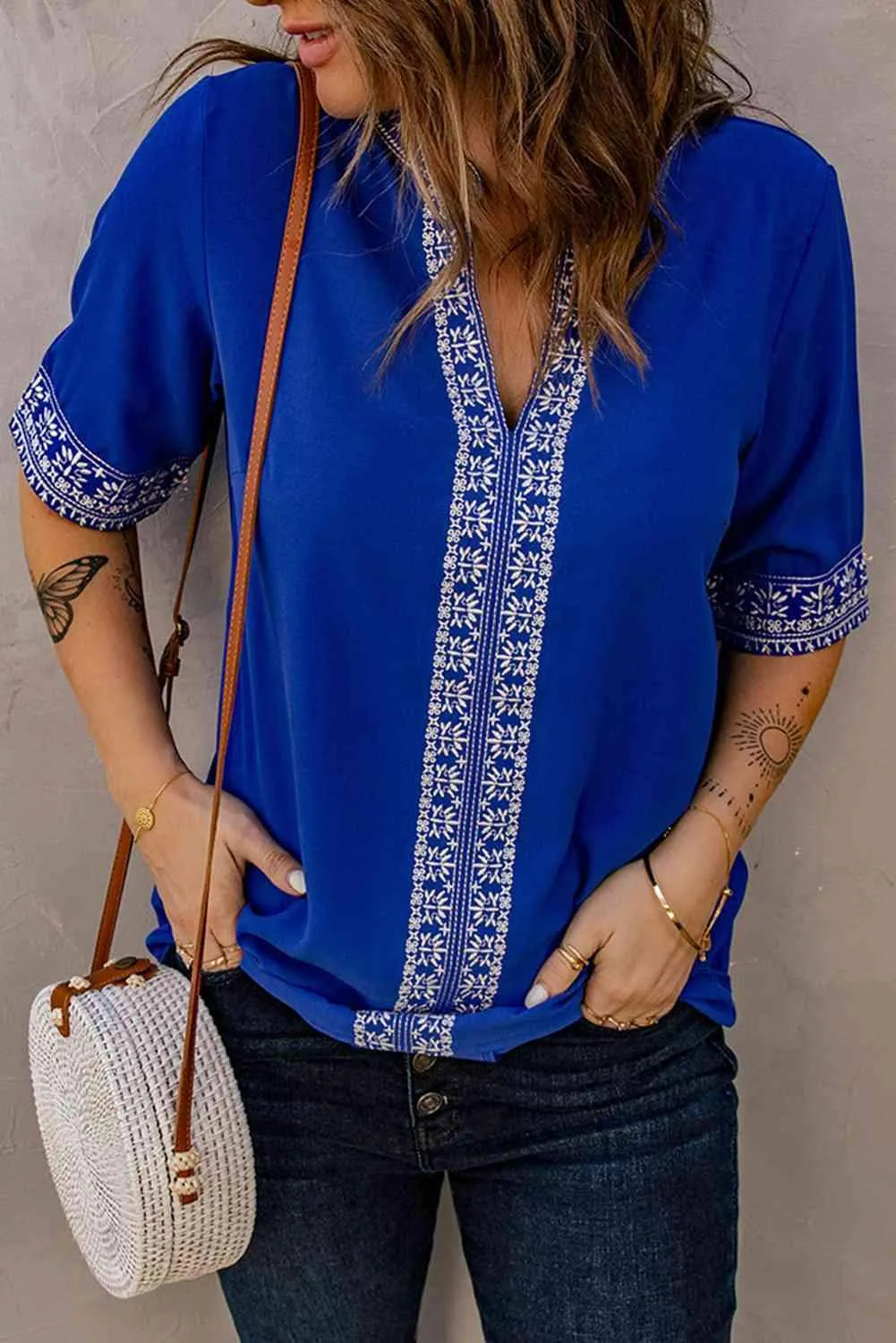 Embroidered V-Neck Top Blue Blouses - Tophatter Daily Deals