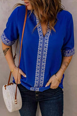 Embroidered V-Neck Top Blue Blouses - Tophatter Daily Deals
