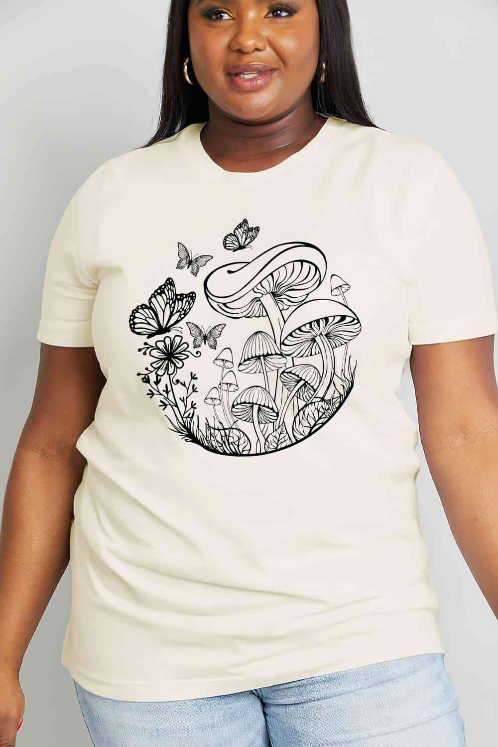 Simply Love Full Size Butterfly & Mushroom Graphic Cotton Tee Women's T-Shirts - Tophatter Daily Deals