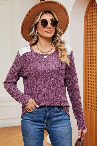 Eyelet Ribbed Round Neck Long Sleeve T-Shirt Lilac Women's T-Shirts - Tophatter Daily Deals