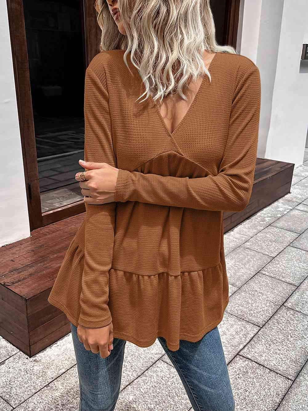 Waffle-Knit V-Neck Long Sleeve Blouse Caramel Blouses - Tophatter Daily Deals