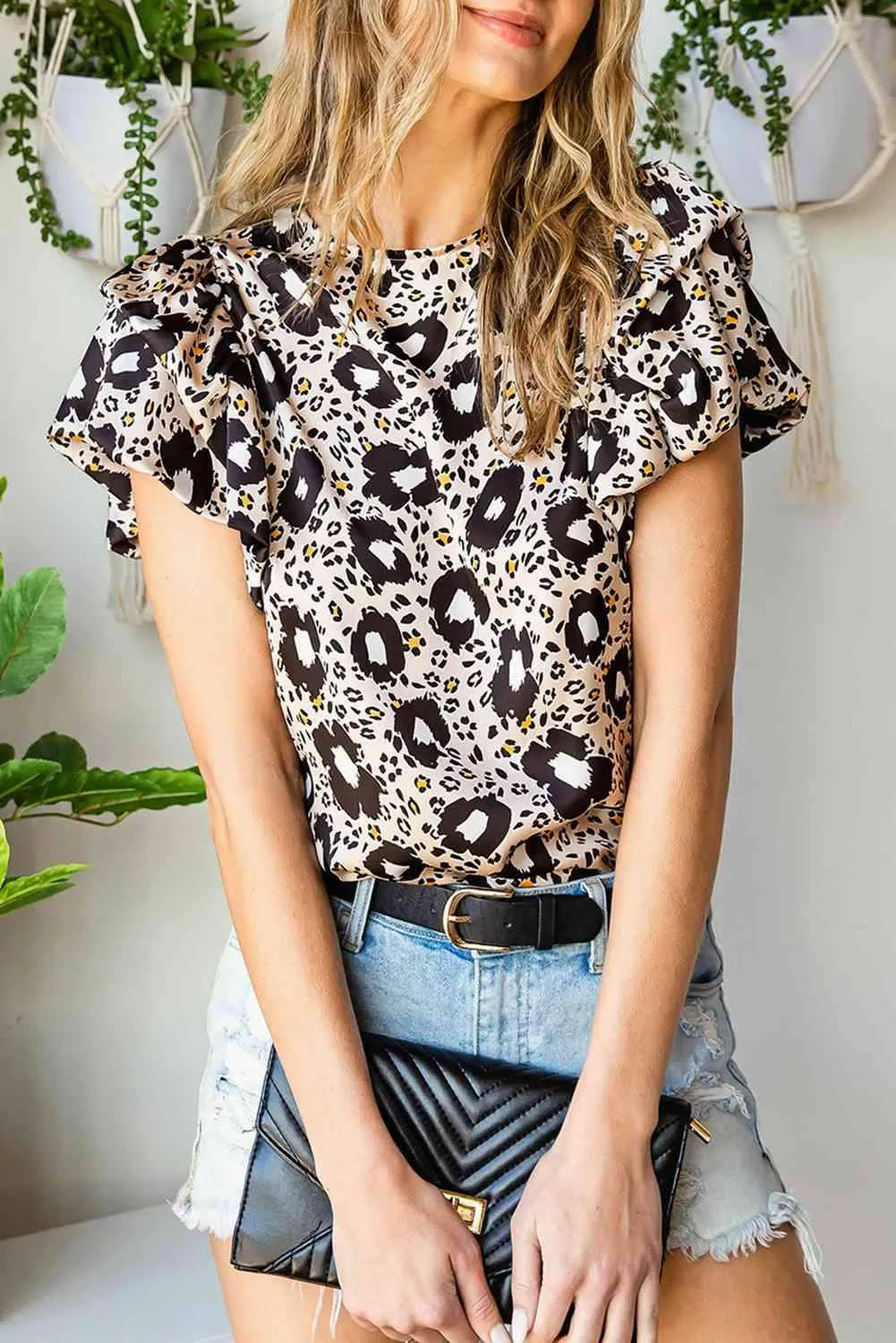 Animal Print Puff Sleeve Round Neck Blouse Blouses - Tophatter Daily Deals