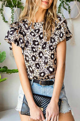 Animal Print Puff Sleeve Round Neck Blouse Blouses - Tophatter Daily Deals
