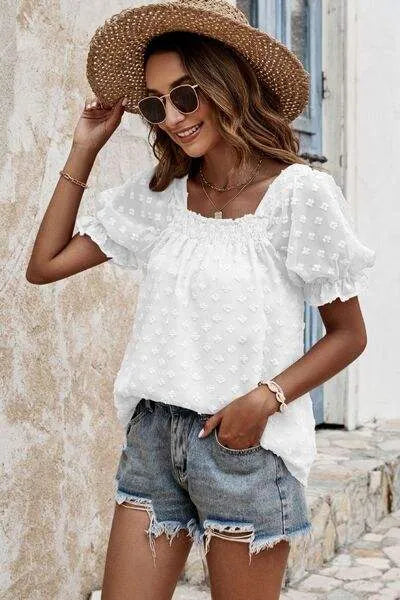 Swiss Dot Flounce Sleeve T-Shirt Women's T-Shirts - Tophatter Daily Deals