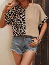 Leopard Contrast Round Neck Short Sleeve Top Blouses - Tophatter Daily Deals