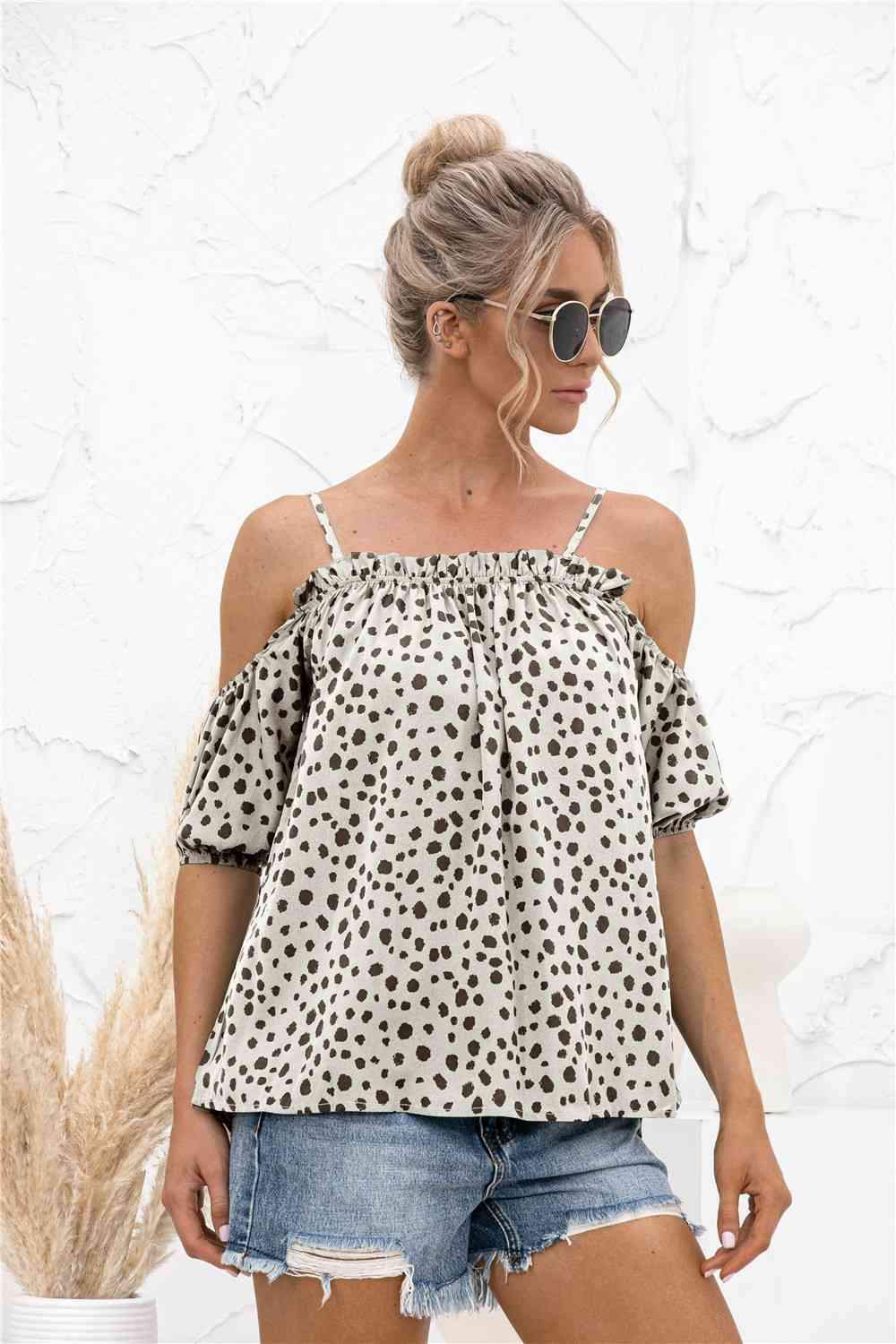 Printed Cold-Shoulder Frill Trim Blouse Blouses - Tophatter Daily Deals