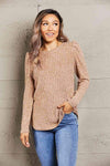 Double Take Round Neck Puff Sleeve Ribbed Top Tan Blouses - Tophatter Daily Deals