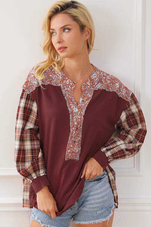 Plaid Notched Neck Slit Blouse Blouses - Tophatter Daily Deals