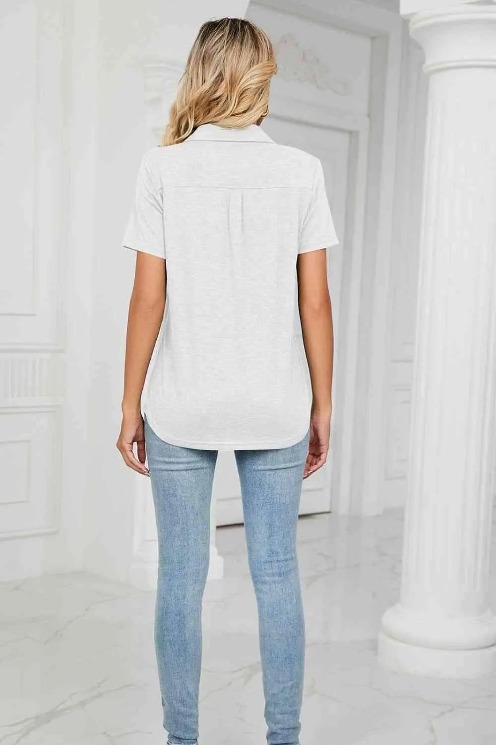 Curved Hem Johnny Collar Polo Shirt Blouses - Tophatter Daily Deals