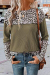 Leopard Waffle-knit Long Sleeve T-Shirt Sage Women's T-Shirts - Tophatter Daily Deals