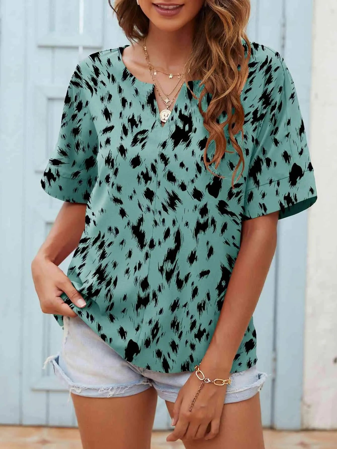 Printed Notched Neck Half Sleeve Blouse Teal Blouses - Tophatter Daily Deals