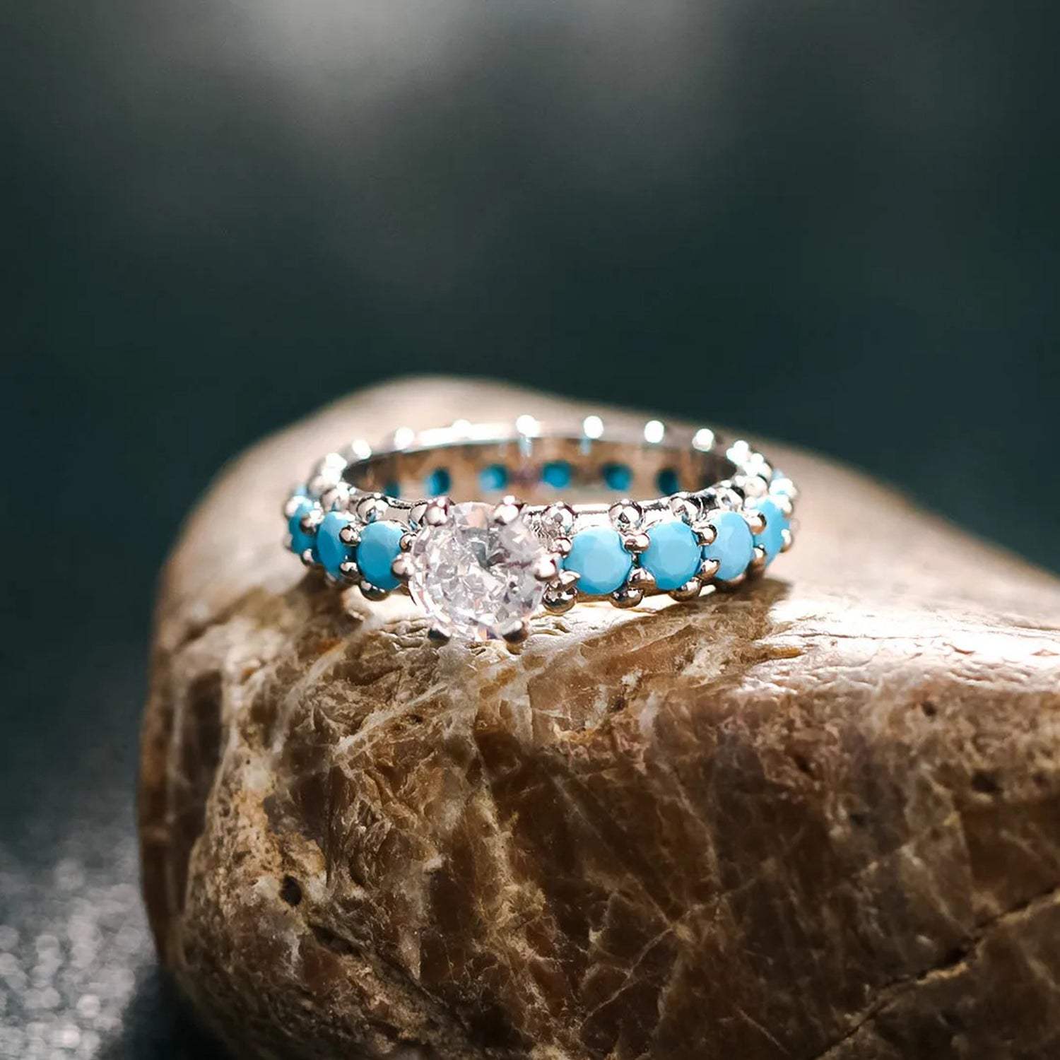 Inlaid Artificial Turquoise Zircon 925 Sterling Silver Ring Silver Rings - Tophatter Daily Deals