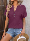 Notched Buttoned Short Sleeve T-Shirt Women's T-Shirts - Tophatter Daily Deals