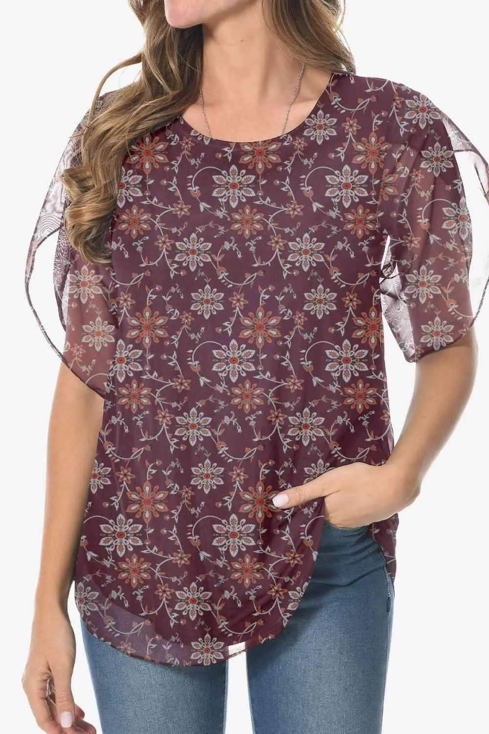 Printed Round Neck Curved Hem Blouse Wine Blouses - Tophatter Daily Deals