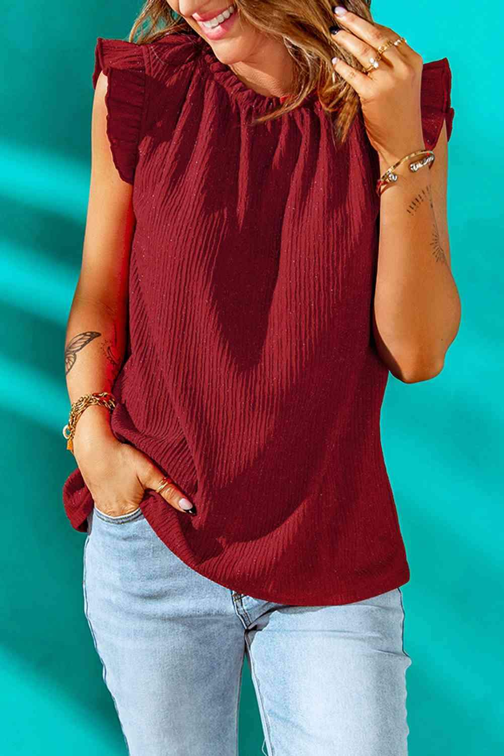 Textured Flutter Sleeve Frill Neck Blouse Blouses - Tophatter Daily Deals