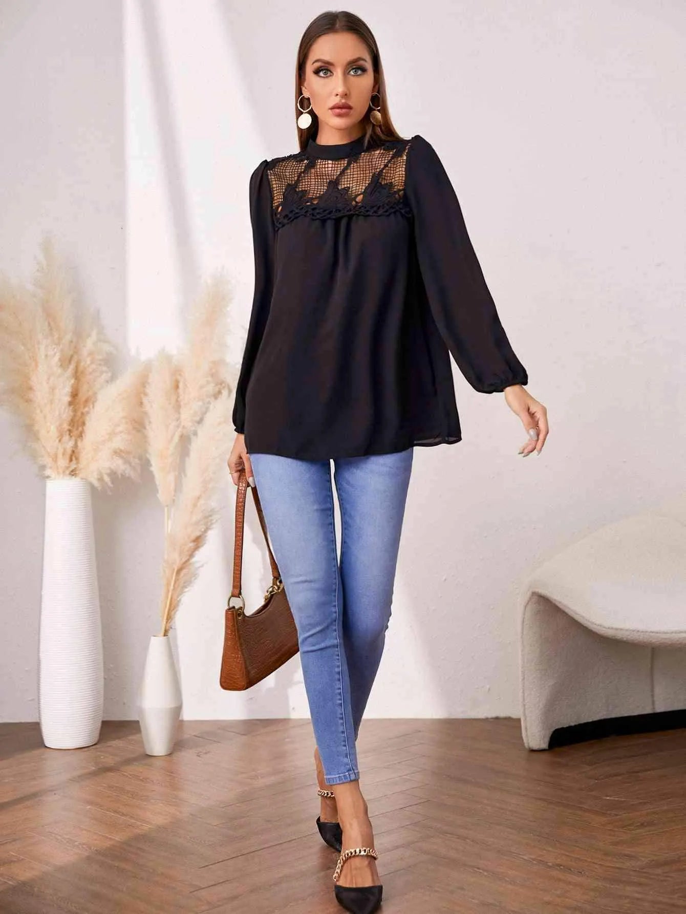 Openwork Round Neck Puff Sleeve Blouse Blouses - Tophatter Daily Deals