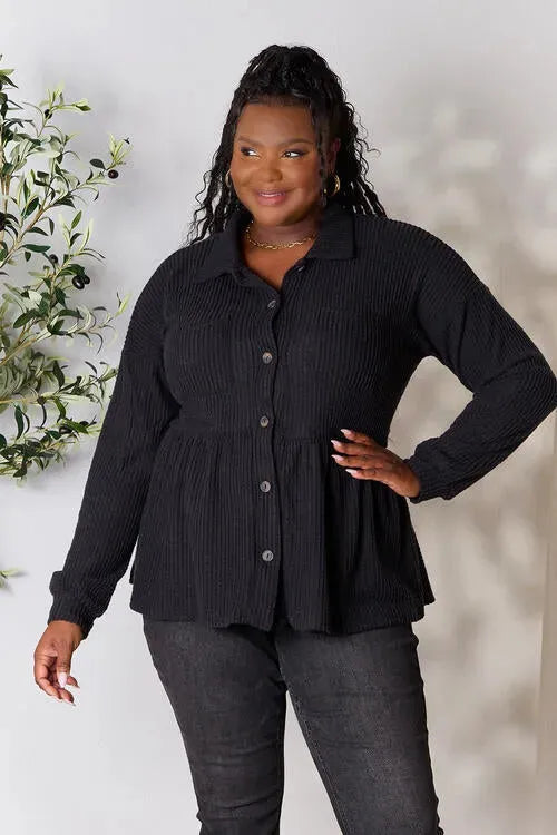 Heimish Full Size Waffle-Knit Button Down Blouse Black Blouses - Tophatter Daily Deals
