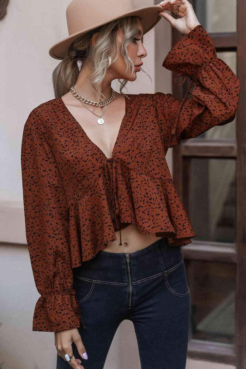 Cropped V-Neck Long Sleeve Blouse Blouses - Tophatter Daily Deals