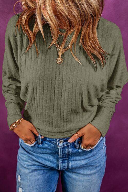 Ribbed Round Neck Long Sleeve Blouse Sage Blouses - Tophatter Daily Deals