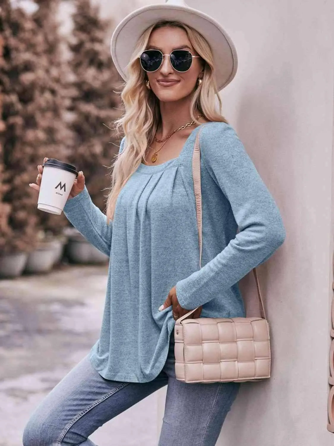 Double Take Pleated Detail Curved Hem Long Sleeve Top Blouses - Tophatter Daily Deals