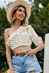 Polka Dot One-Shoulder Ruffled Crop Top Beige Blouses - Tophatter Daily Deals