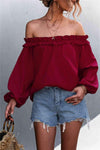 Frill Trim Off-Shoulder Balloon Sleeve Top Wine Blouses - Tophatter Daily Deals