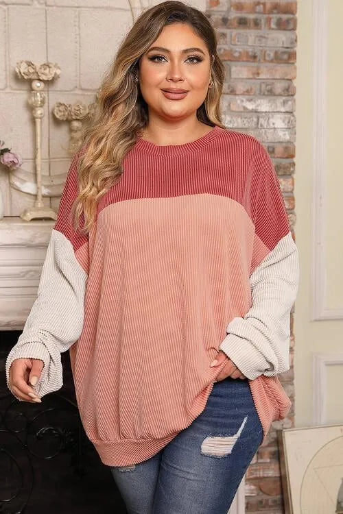 Plus Size Color Block Long Sleeve Top Coral Blouses - Tophatter Daily Deals