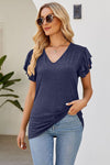 Ruffled V-Neck Flutter Sleeve T-Shirt Navy Women's T-Shirts - Tophatter Daily Deals