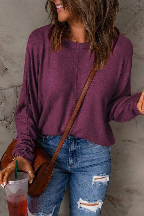 Seam Detail Round Neck Long Sleeve Top Purple Women's T-Shirts - Tophatter Daily Deals