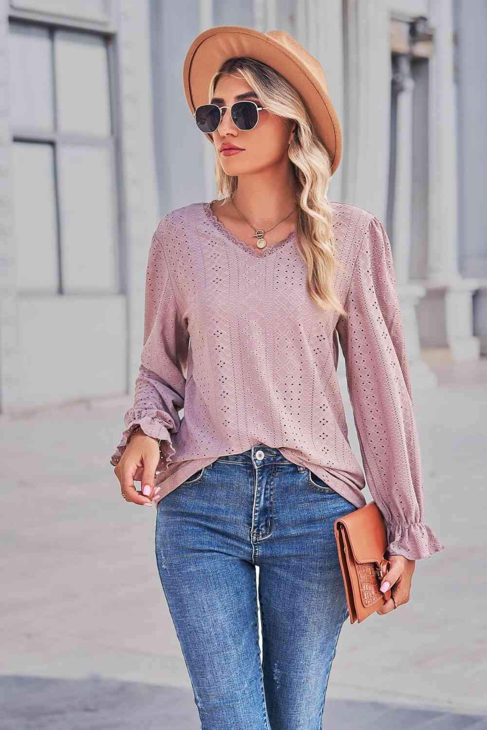 Lace Trim V-Neck Flounce Sleeve Top Blouses - Tophatter Daily Deals