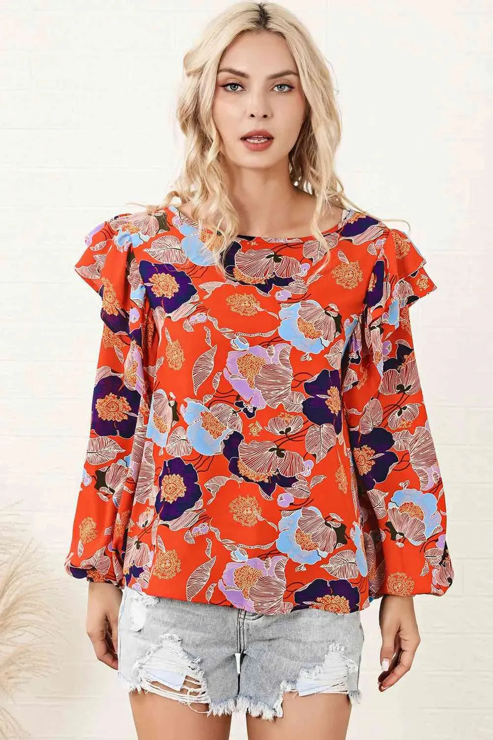 Floral Print Ruffle Puff Sleeve Blouse Red Orange Blouses - Tophatter Daily Deals