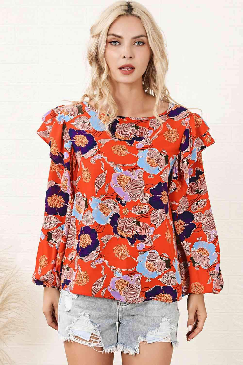 Floral Print Ruffle Puff Sleeve Blouse Blouses - Tophatter Daily Deals