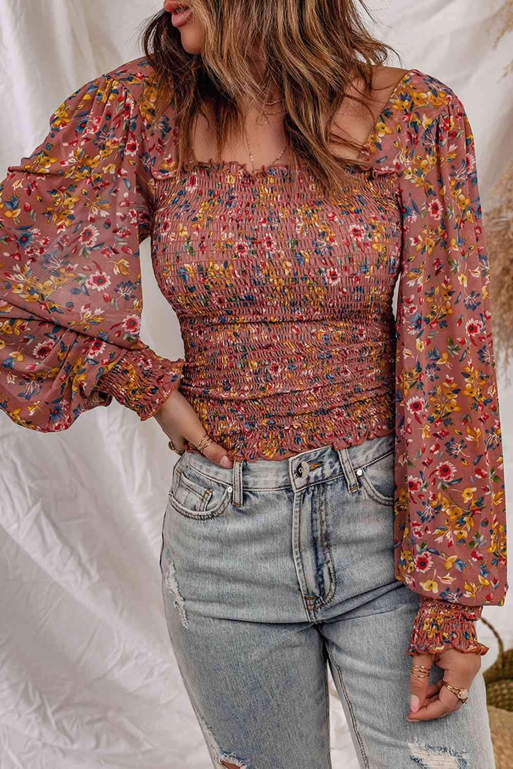 Floral Smocked Lantern Sleeve Blouse Blouses - Tophatter Daily Deals