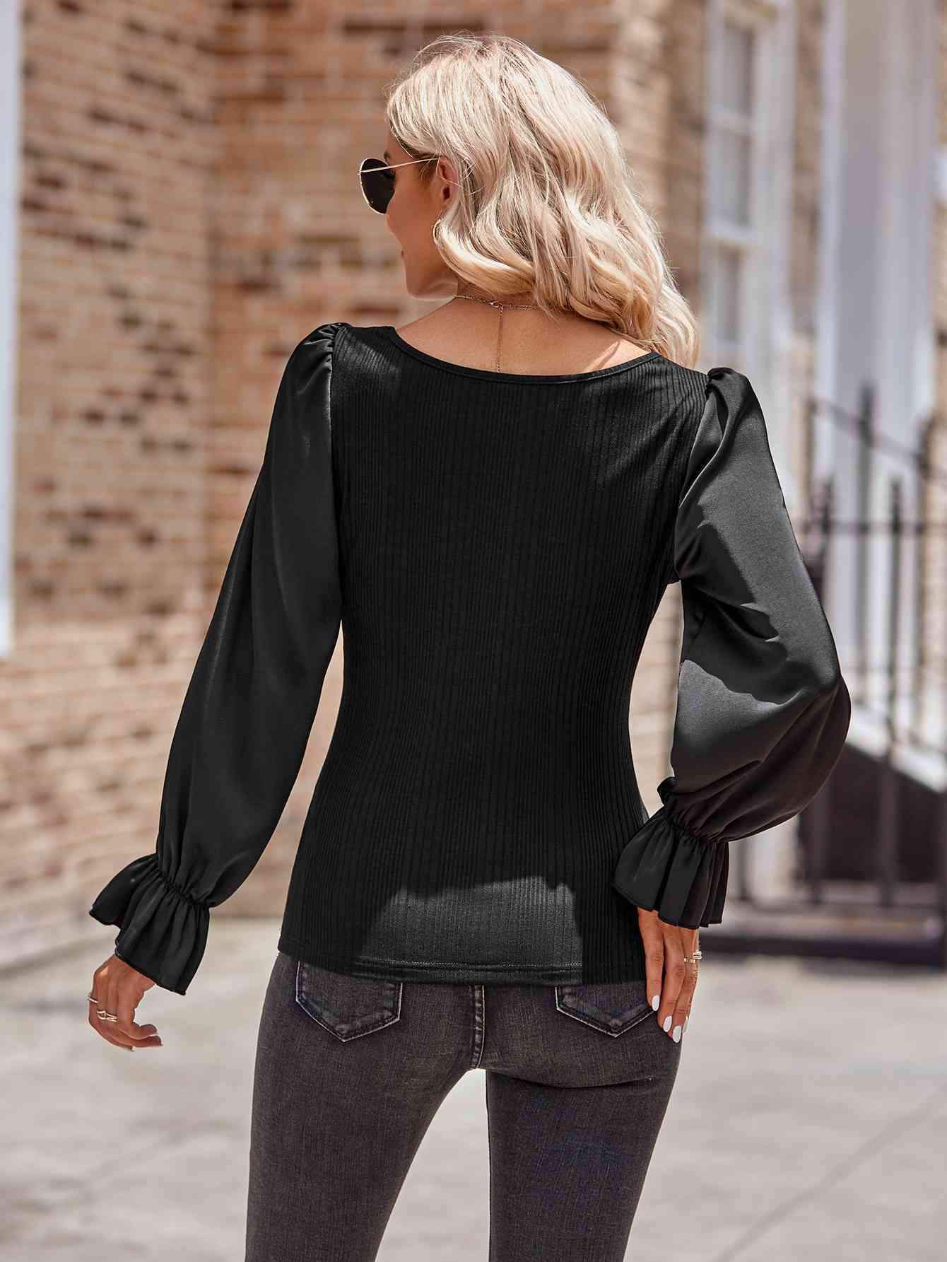 Long Flounce Sleeve Round Neck Blouse Blouses - Tophatter Daily Deals