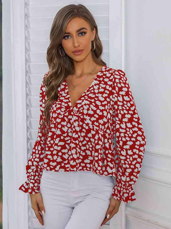 Printed V-Neck Flounce Sleeve Blouse Blouses - Tophatter Daily Deals