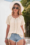 Crochet Eyelet Buttoned Short Sleeves Top Apricot Blouses - Tophatter Daily Deals