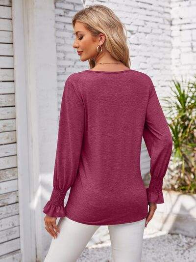 V-Neck Smocked Ruffled Long Sleeve Top Women's T-Shirts - Tophatter Daily Deals