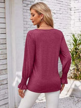 V-Neck Smocked Ruffled Long Sleeve Top Women's T-Shirts - Tophatter Daily Deals