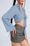 Tie Front Johnny Collar Flare Sleeve Cropped Top Blouses - Tophatter Daily Deals