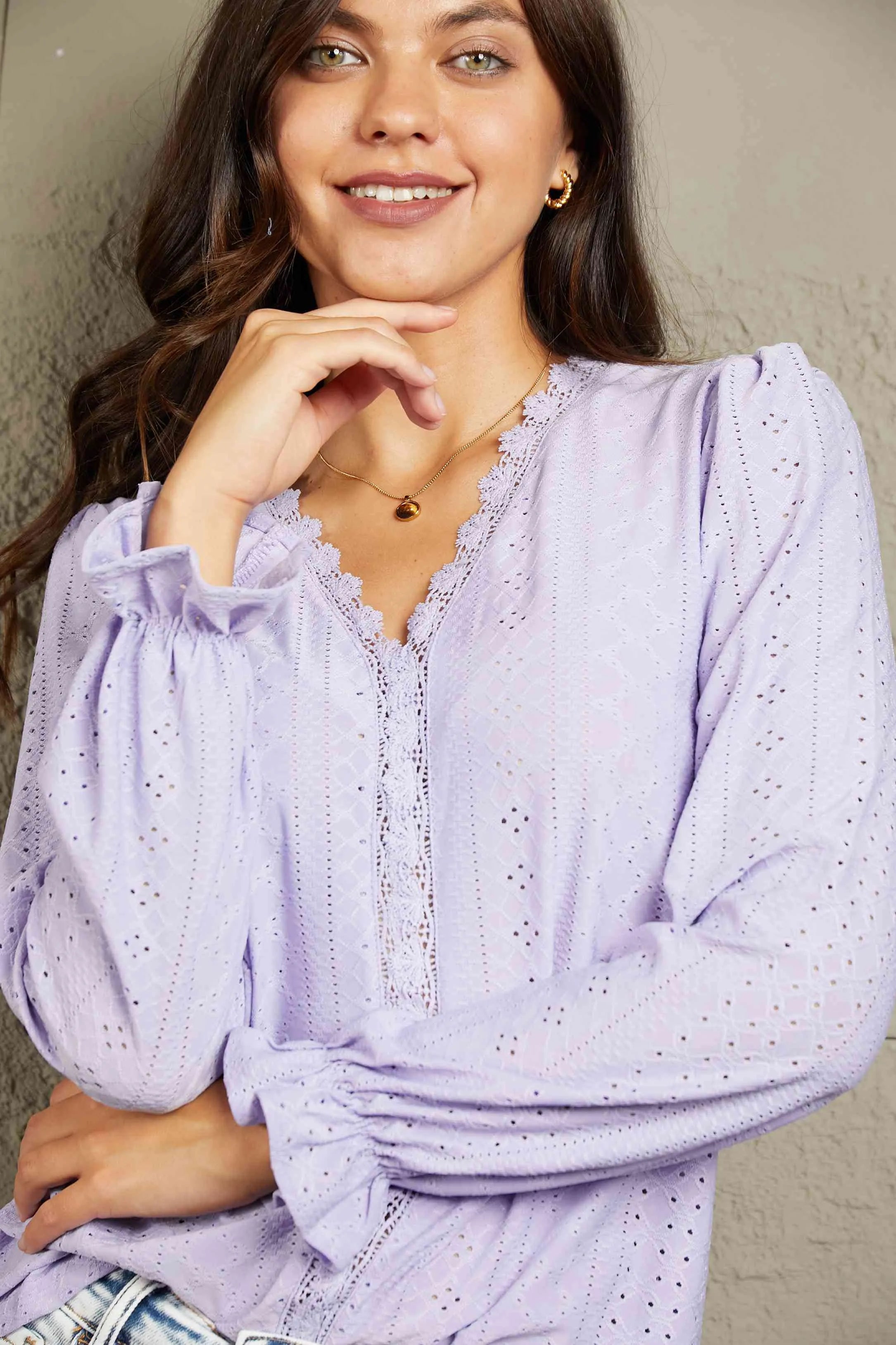 Double Take Eyelet V-Neck Flounce Sleeve Blouse Blouses - Tophatter Daily Deals