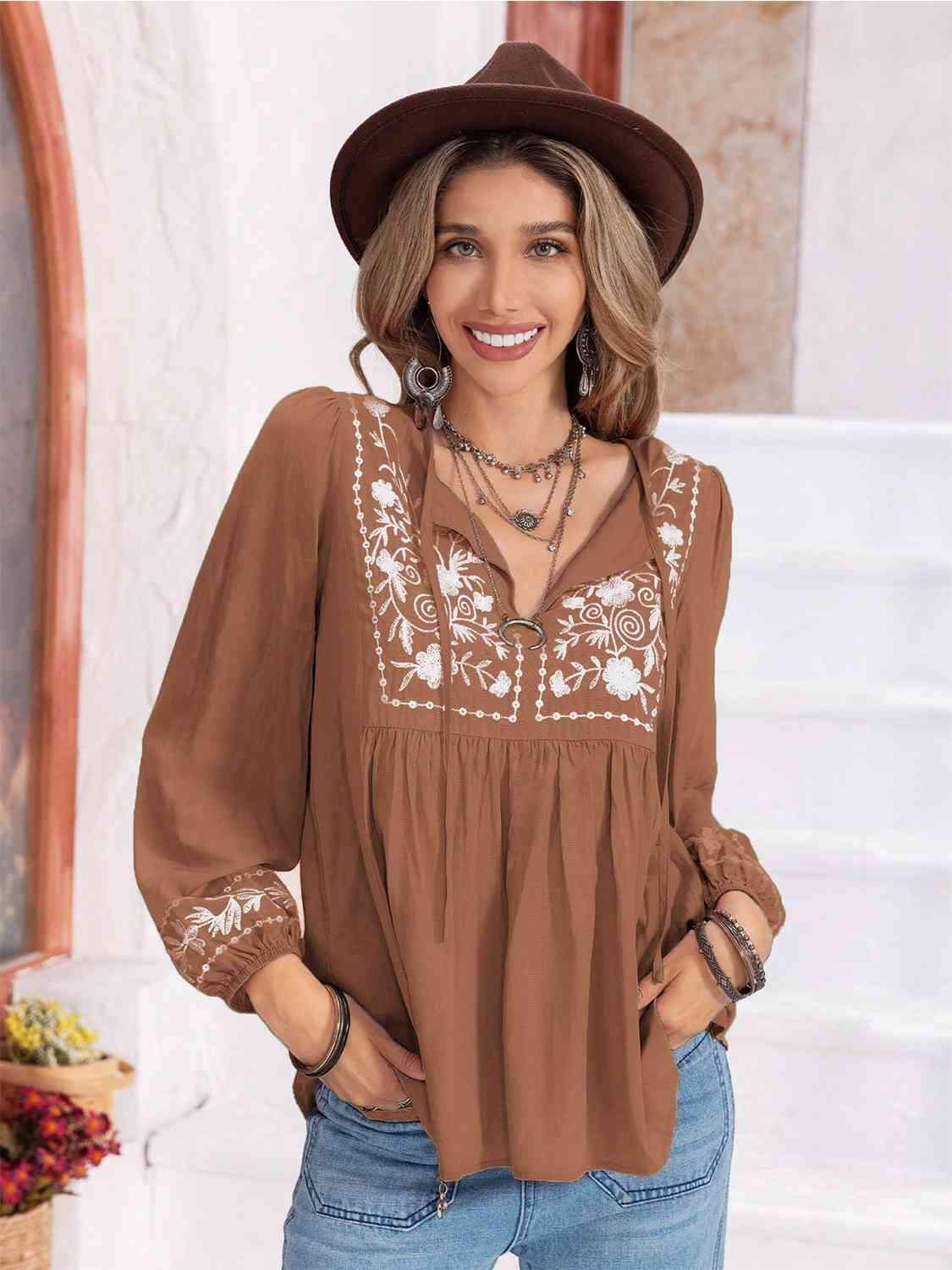 Floral Tie Neck Balloon Sleeve Blouse Camel Blouses - Tophatter Daily Deals