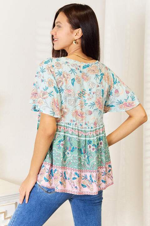 Double Take Floral Tie Neck Short Sleeve Blouse Blouses - Tophatter Daily Deals