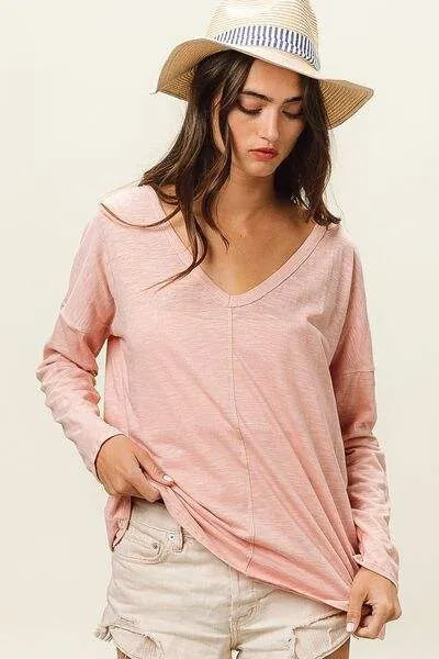BiBi Exposed Seam V-Neck Long Sleeve T-Shirt Women's T-Shirts - Tophatter Daily Deals