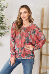 Hopely Full Size Floral Print V-Neck Long Sleeve Blouse Red Green Blouses - Tophatter Daily Deals