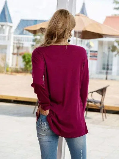 Quarter Button Round Neck Dropped Shoulder T-Shirt Women's T-Shirts - Tophatter Daily Deals